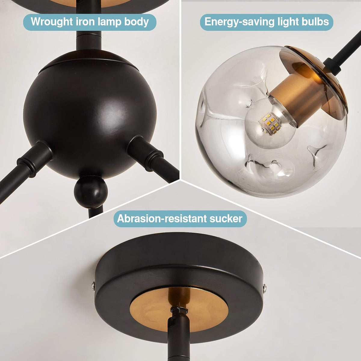 NEW 6-Lights Glass Globe Sputnik Chandelier Modern Flush Mount Ceiling Light ,Black and Gold