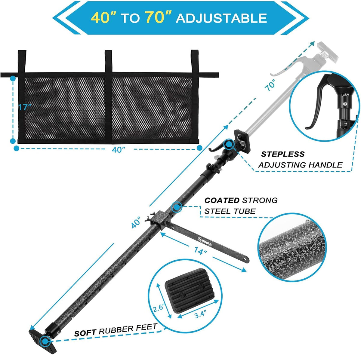 NEW Cargo Bar for Pickup Truck Bed Expands from 40 to 70 in with 200 LB Bearing Capacity, Comes with 1 Cargo Net Organizer, 1 Divider Bar