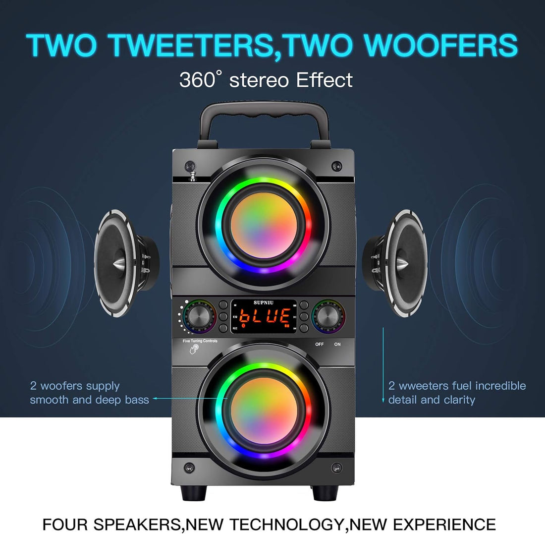 60W (80W Peak) Portable Bluetooth Speaker with Double Subwoofer Heavy Bass, Bluetooth 5.0 Wireless
