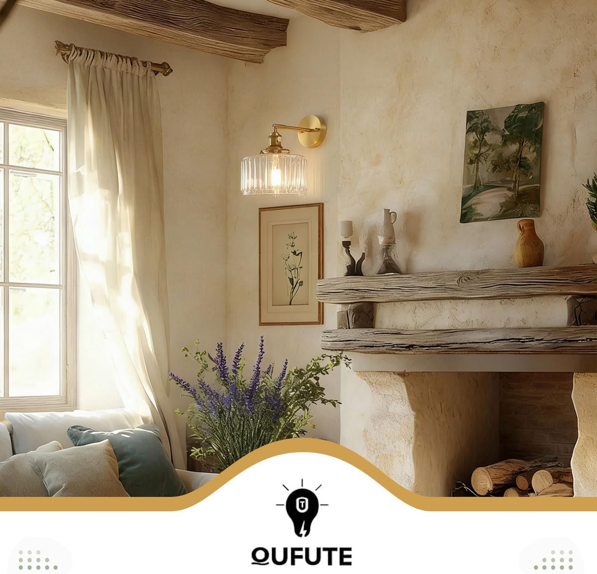 Qufute Glass wall Mount Light Clear Stripe Glass Shade Modern Sconces Swing arm Wall Lighting Brass