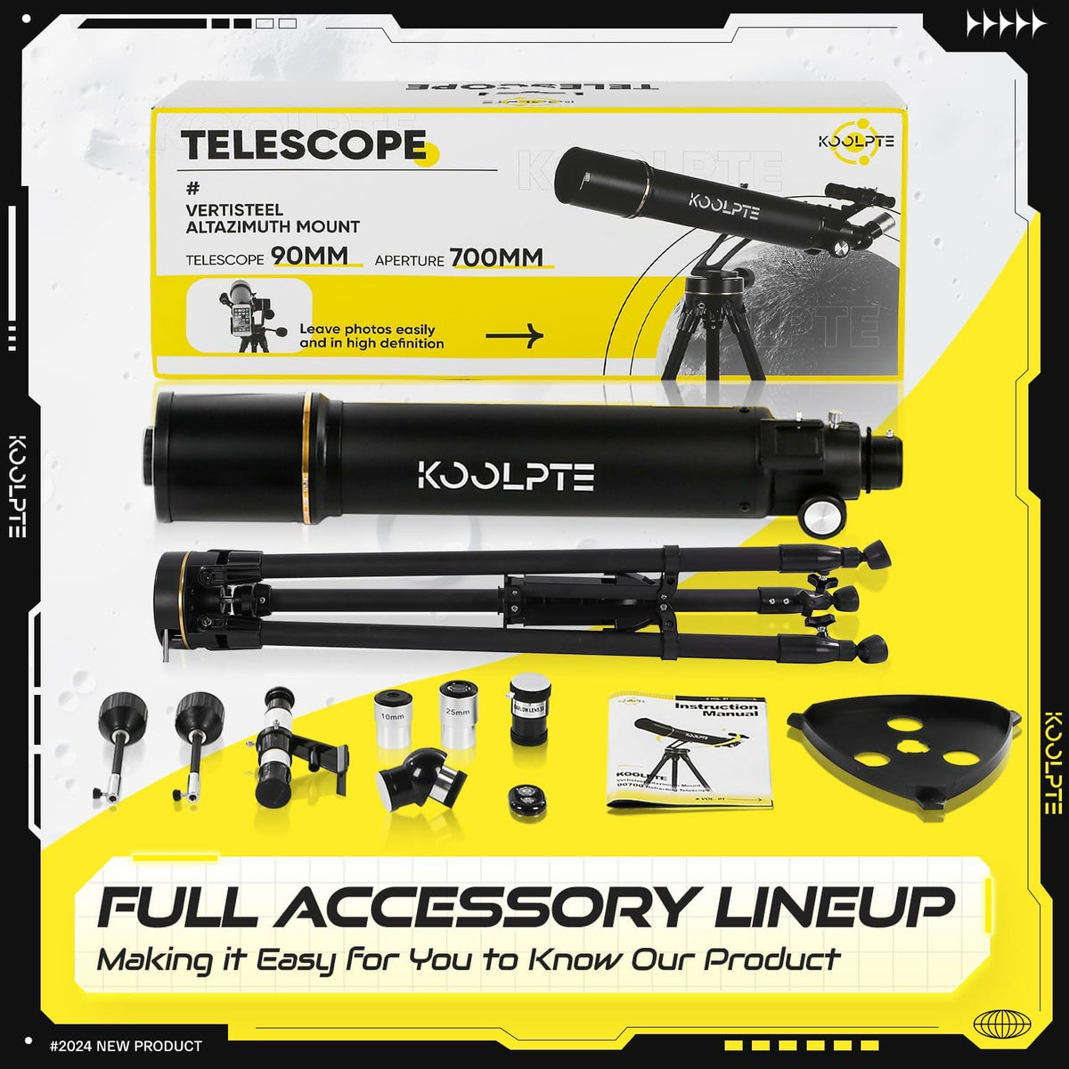 OPEN BOX Telescope, 90mm Aperture 700mm for Adults Astronomy, Vertisteel AZ Mount with Slow-Motion Control Carry Bag - Black