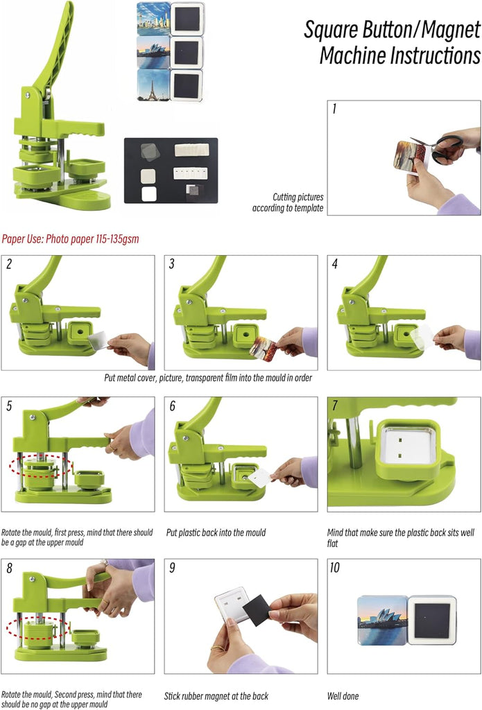 USED LIKE NEW  SQUARE Badge Maker Button Press Machine with Free Button Parts -DC-109