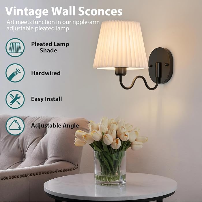 TERLEENART Black Hardwired Swing Arm Wall Sconces Sets of 2, White Pleated Fabric lampshade