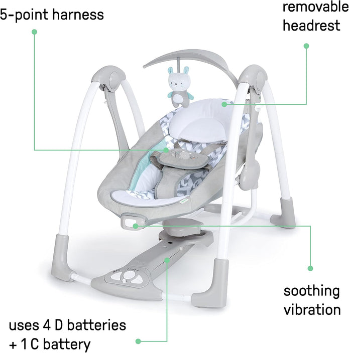 LIKE NEW Ingenuity ConvertMe 2-in-1 Compact Portable Automatic Baby Swing & Infant Seat, Battery-Powered Vibrations, Nature Sounds, 0-9 Months 6-20 lbs