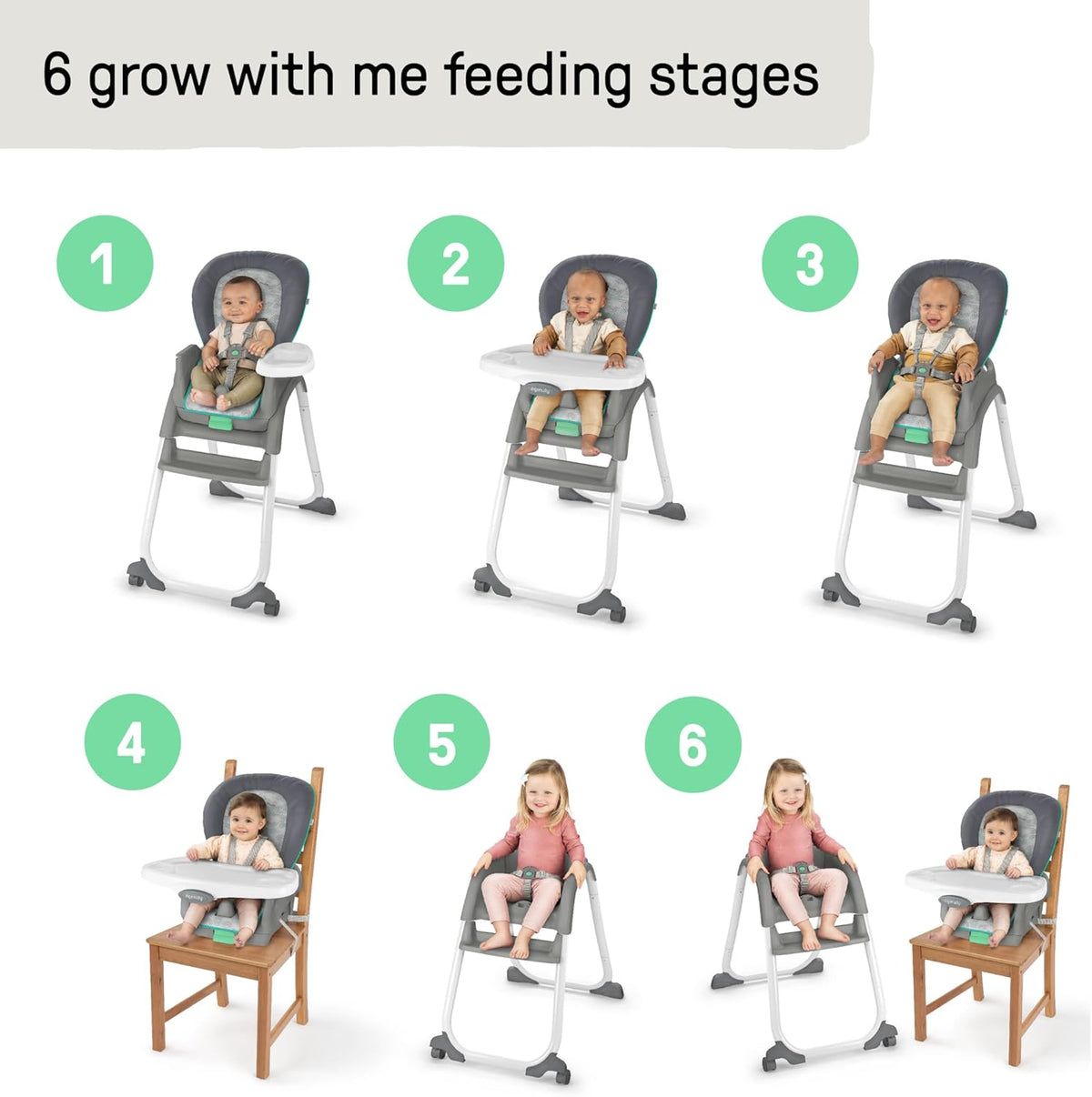 Ingenuity Full Course 6-in-1 High Chair - Baby to 5 Years Old, 6 Convertible Modes, 2 Dishwasher Safe Trays - Astro