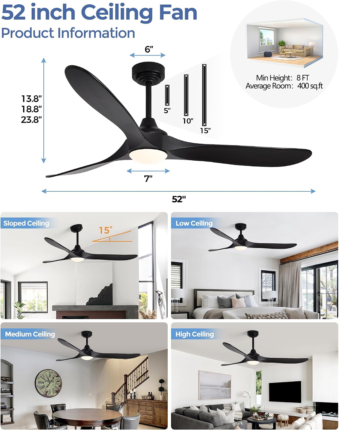 New Ombrin 52 inch Outdoor Ceiling Fans with Lights,Smart Wood Ceiling Fan -Black