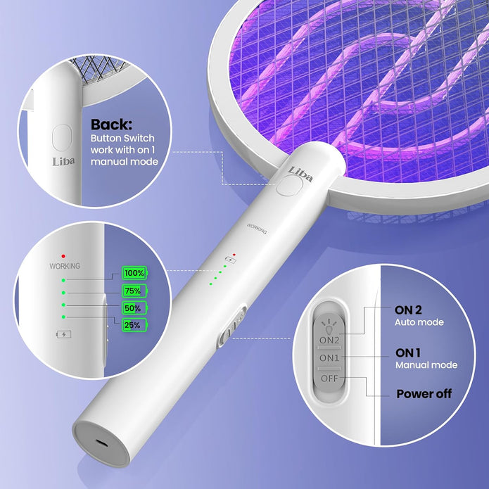 LiBa Electric Fly Swatter, 4000V 2-in-1 Mosquito Killer Lamp, USB Rechargeable with 5-Layer
