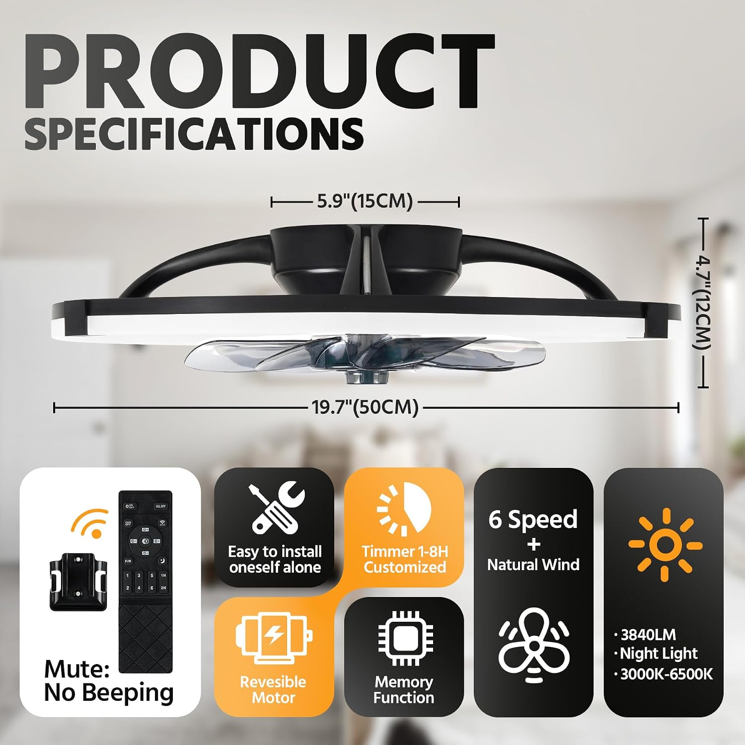 Linboro Ceiling Fans with Lights and Remote, Flush Mount Ceiling Fan  /Black