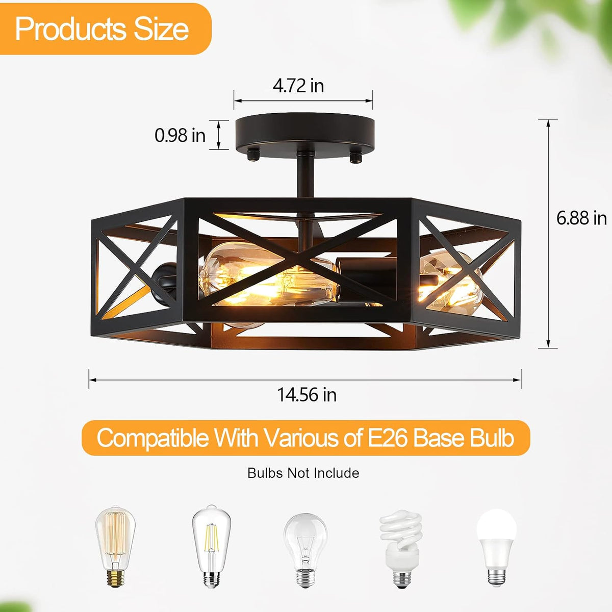 NEW/OPEN BOX XSDeTu Semi Flush Mount Ceiling Light Fixture, Modern Farmhouse 3-Light Black Ceiling Light
