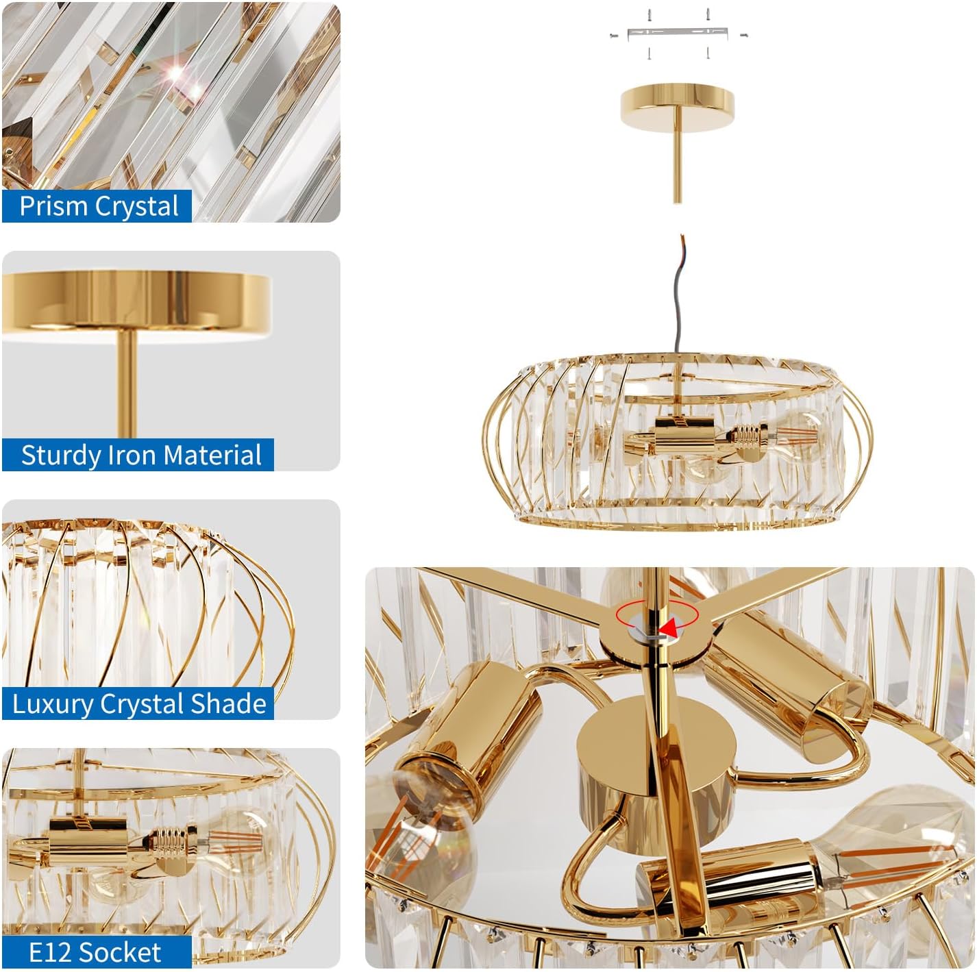 NEW ANWIO 15.8Inch Crystal Chandeliers Ceiling Lights, 3-Light Semi Flush Mount Ceiling