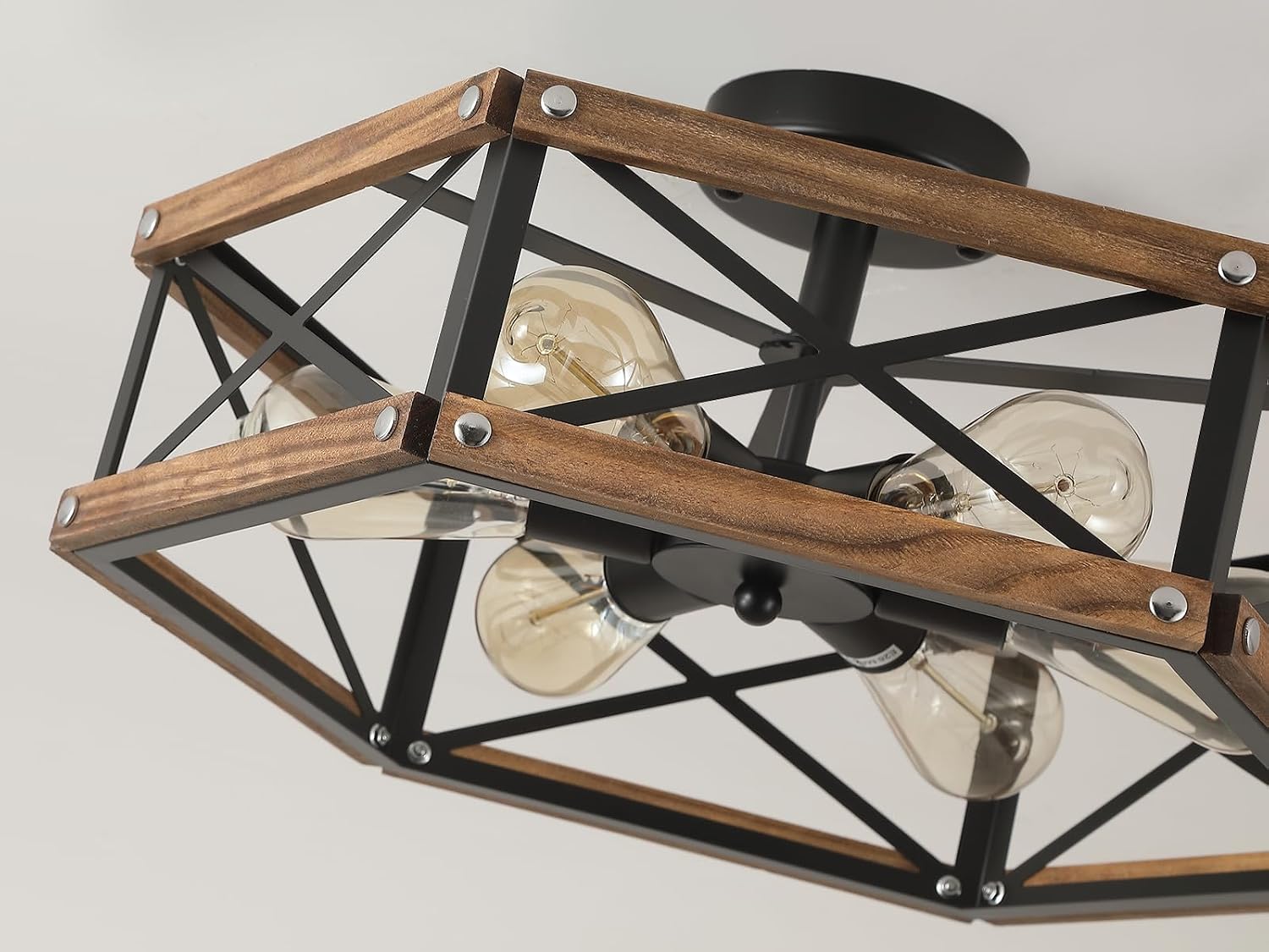 LIKE NEW 6-Light Large 20 inch  Rustic Farmhouse Wood Flush Mount Ceiling Light Fixture 20 inch Oak Wood and Metal Cage