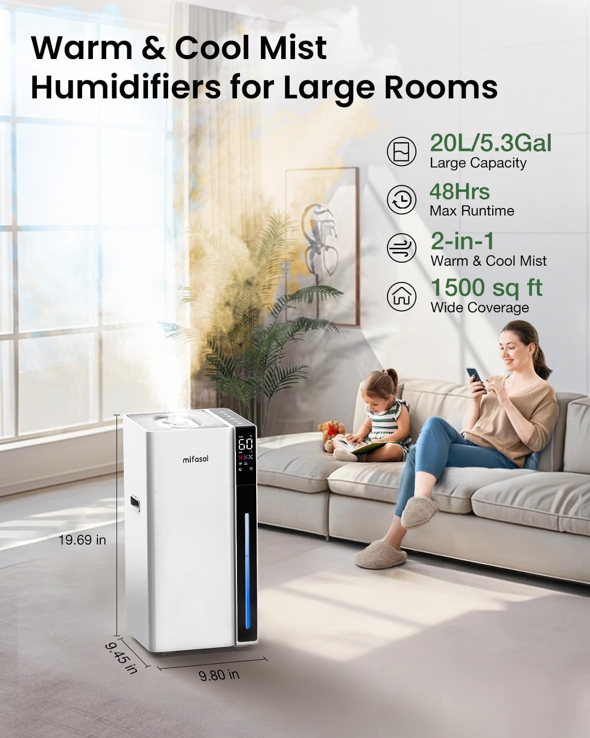 USED/LIKE NEW mifasol Humidifier Large Room, 5.3Gal/20L Warm and Cool Mist Humidifiers for Home 2000 sq ft