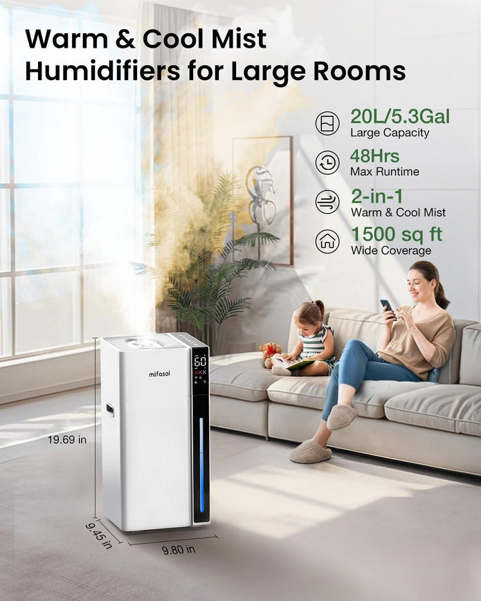 USED/LIKE NEW mifasol Humidifier Large Room, 5.3Gal/20L Warm and Cool Mist Humidifiers for Home 2000 sq ft