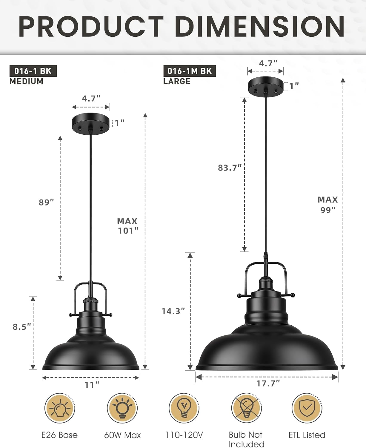 Zeyu Modern Hanging Light Fixture, 17.7 inch ,1-Light Adjustable Hanging Light, Matte Black Finish, 016-1M BK
