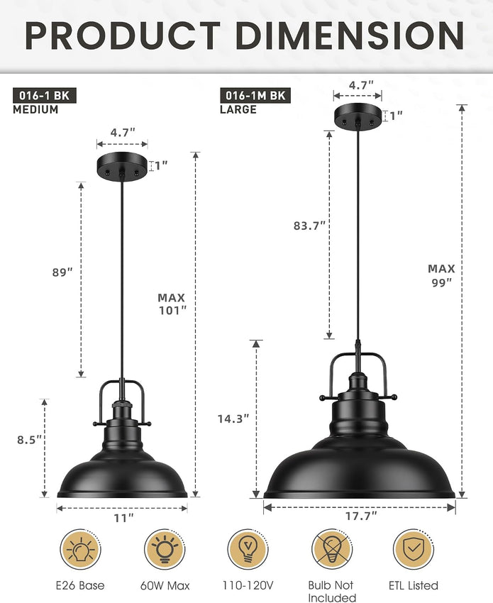 Zeyu Modern Hanging Light Fixture, 17.7 inch ,1-Light Adjustable Hanging Light, Matte Black Finish, 016-1M BK