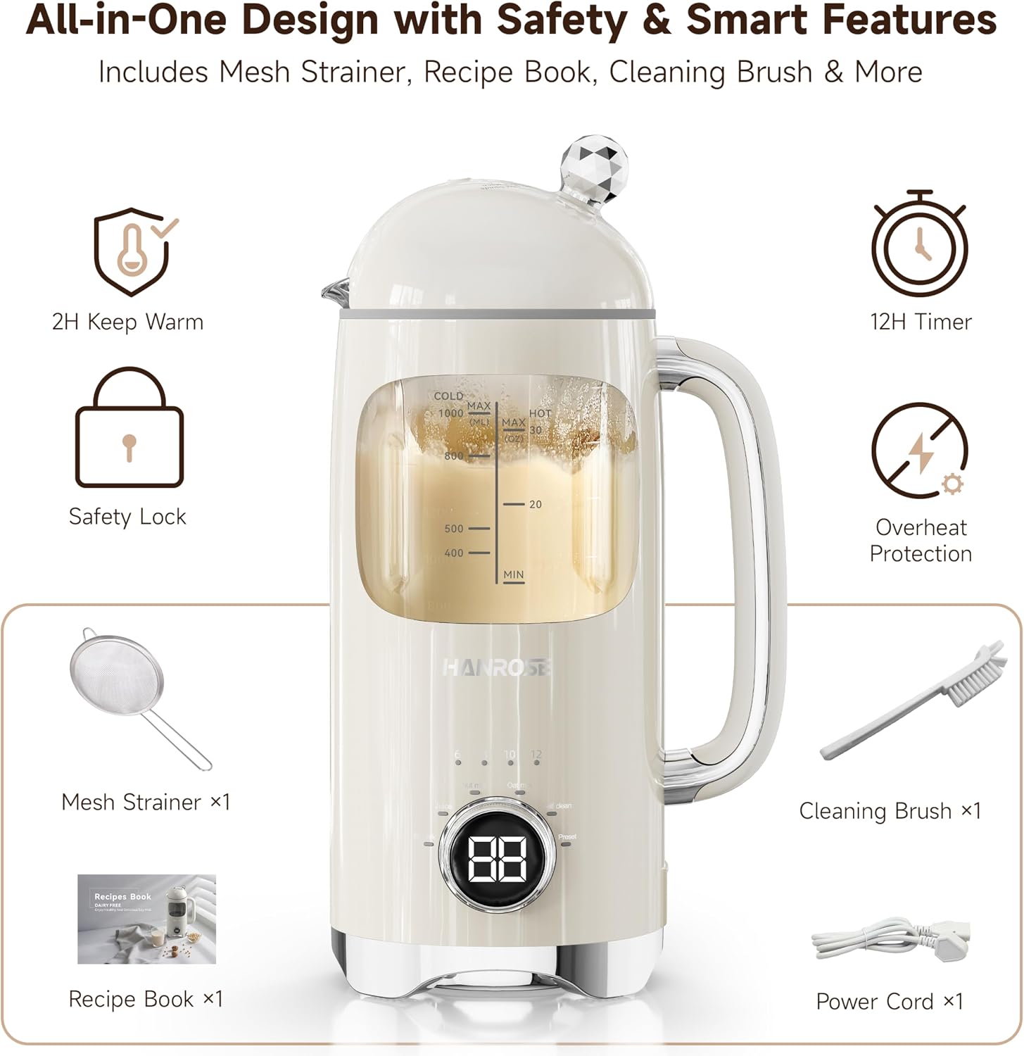 NEW Hanrose Nut Milk Maker Machine, 34 oz BPA-Free Glass Jar, 8-Blade System-K0810US