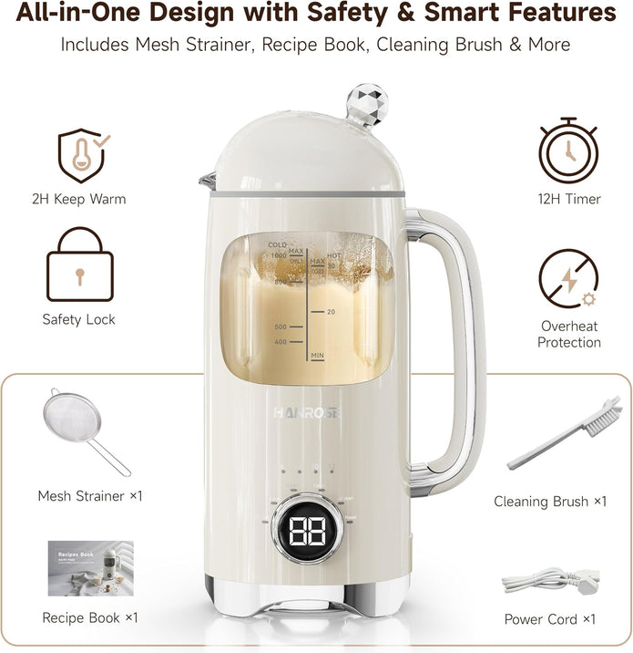 NEW Hanrose Nut Milk Maker Machine, 34 oz BPA-Free Glass Jar, 8-Blade System-K0810US