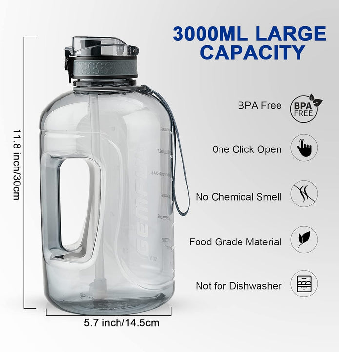 GEMFUL 3 Liter Water Bottles with Handle Motivational Times to Drink Leakproof Wide Mouth Big Sports Jugs