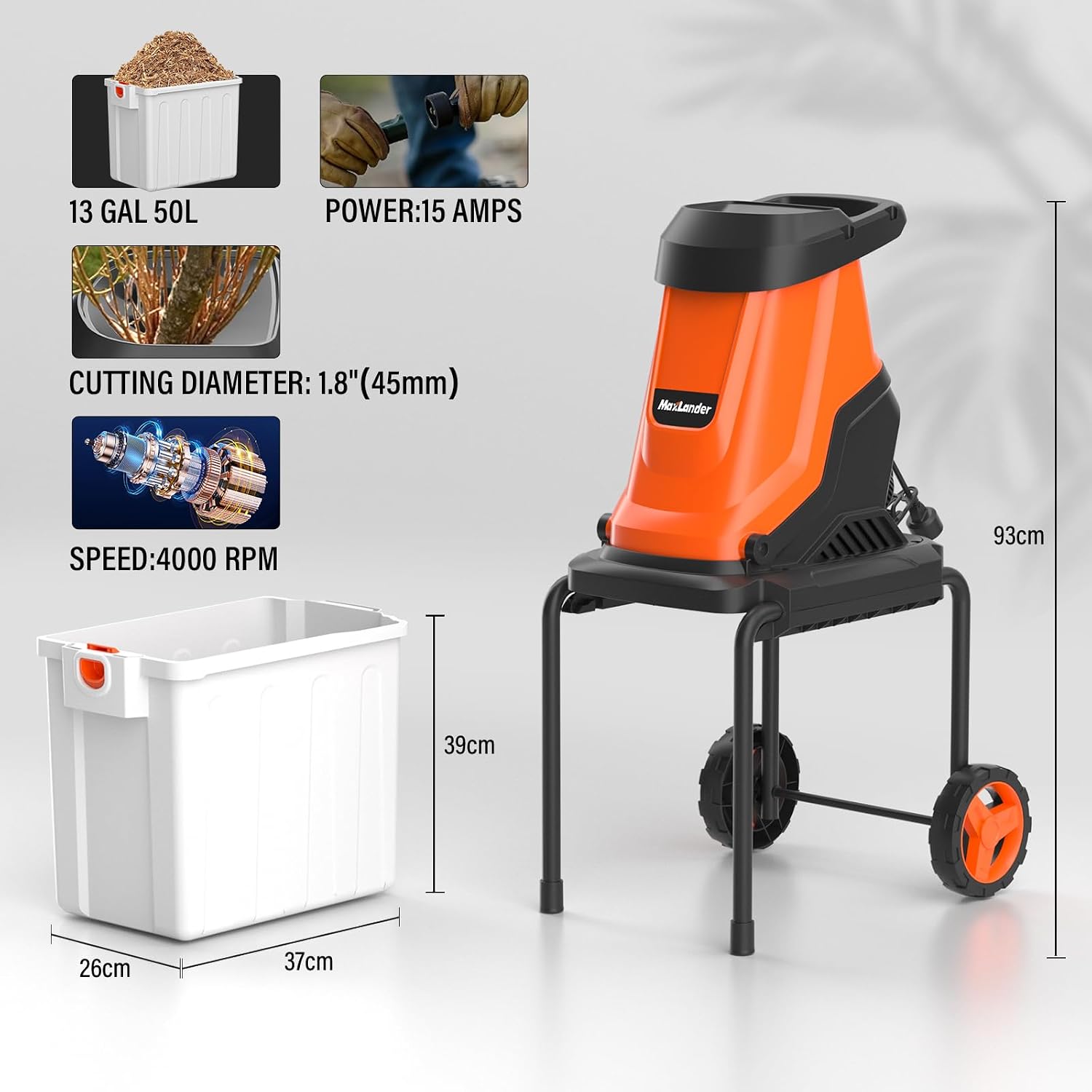 USED MAXLANDER 15-Amp Electric Wood Chipper, Shredder Mulcher with 50L Collecting Bin-ML-WR3002