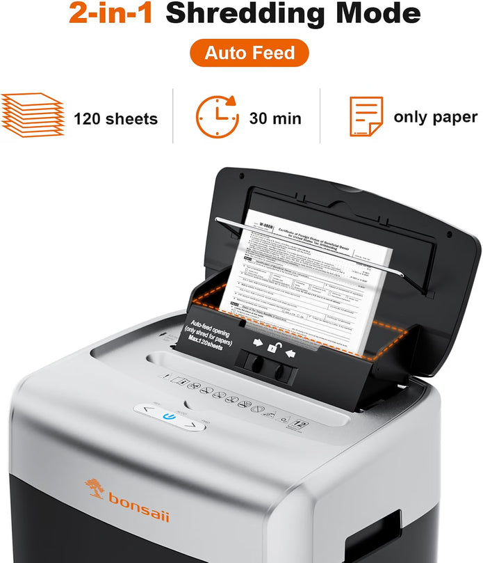DEMO Bonsaii 120-Sheet Auto Feed Paper Shredder for Office, Heavy Duty Micro Cut-C233-B