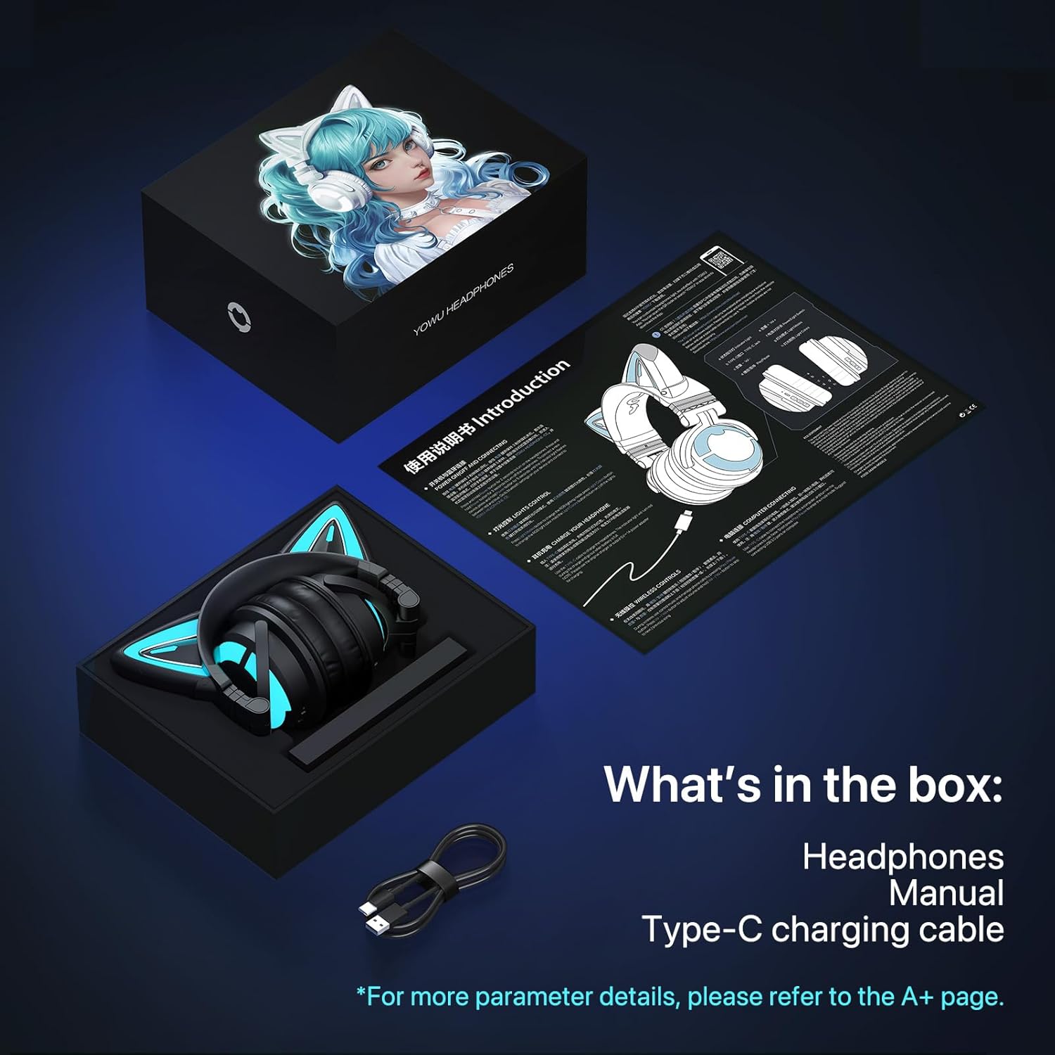 New YOWU RGB Cat Ear Headphone CE Wireless 5.2 Foldable Gaming Headset  Model MODEL-Z(Black)