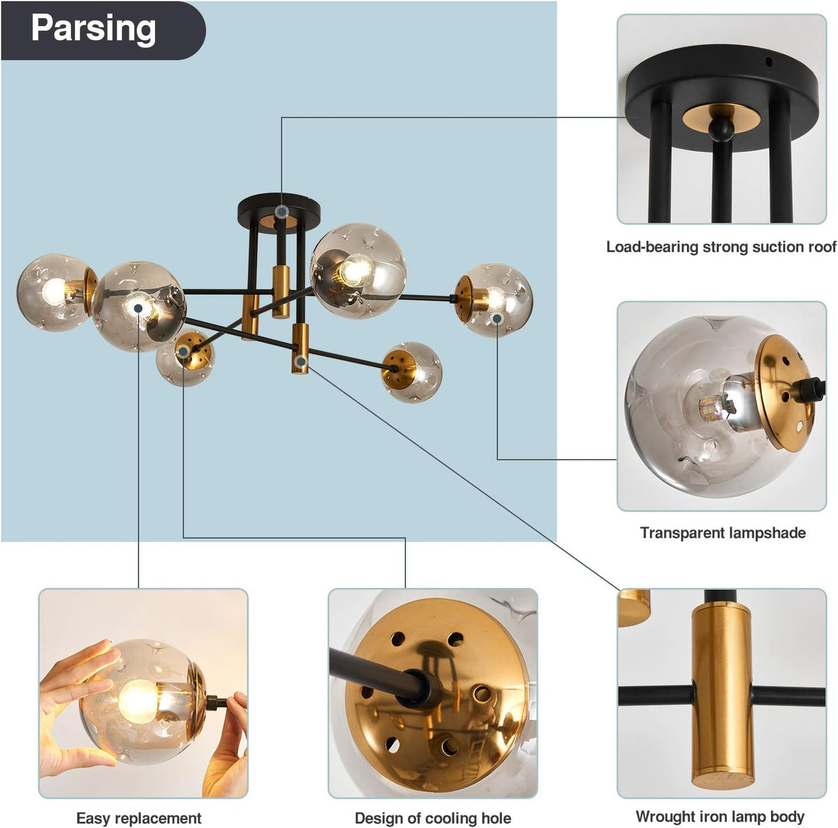 NEW 6-Lights Glass Globe Sputnik Chandelier Modern Flush Mount Ceiling Light ,Black and Gold