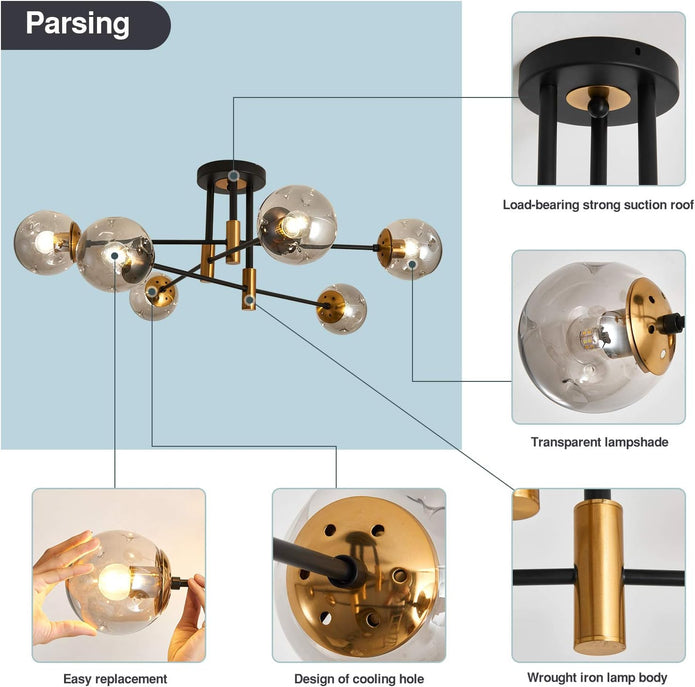NEW 6-Lights Glass Globe Sputnik Chandelier Modern Flush Mount Ceiling Light ,Black and Gold