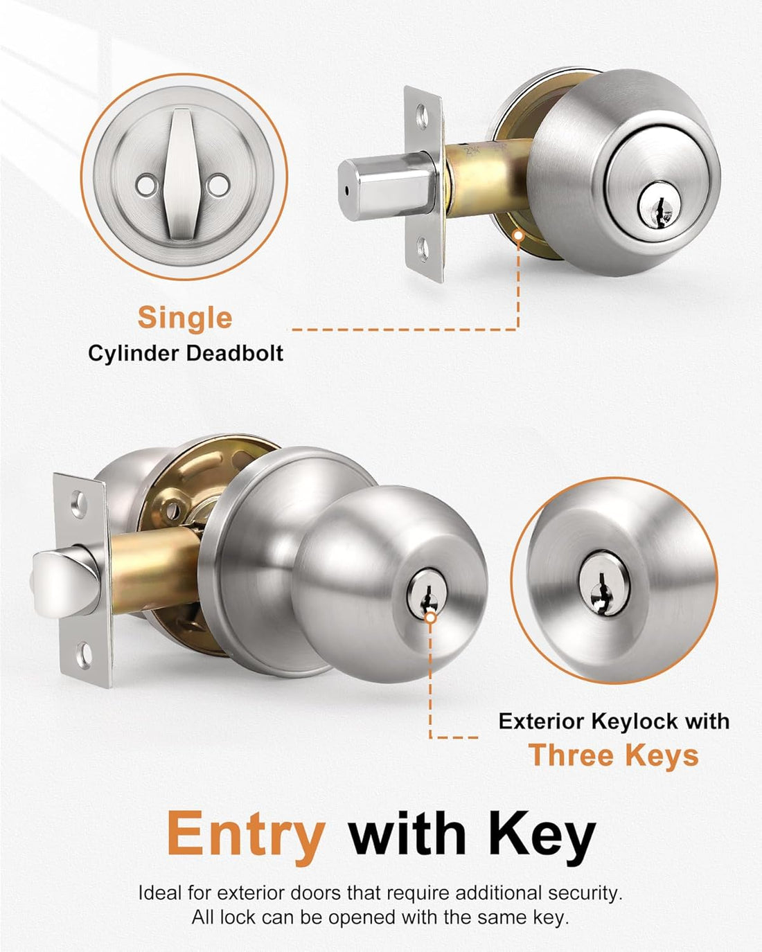 Probrico 5 Sets-Keyed Alike Entry Door Knob with Single Cylinder Deadbolts,