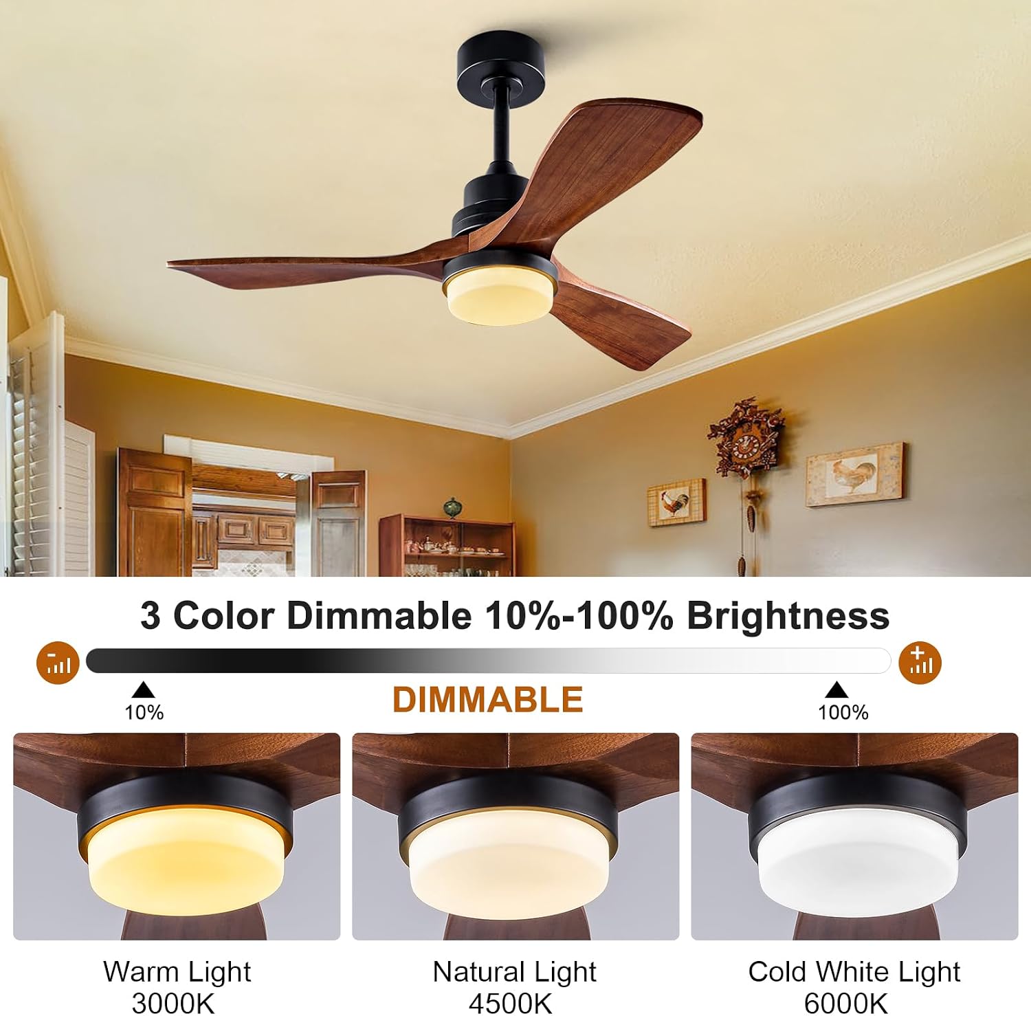 NEW/OPEN BOX 42 Inch Wood Ceiling Fan with Lights and Remote, 3 Blades Walnut Bedroom Ceiling Fan