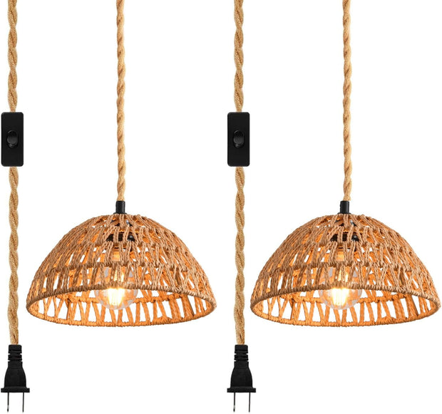 IHENGYANLT Plug in Pendant Light 10.2" Rattan Hanging Lamp 2 Pack