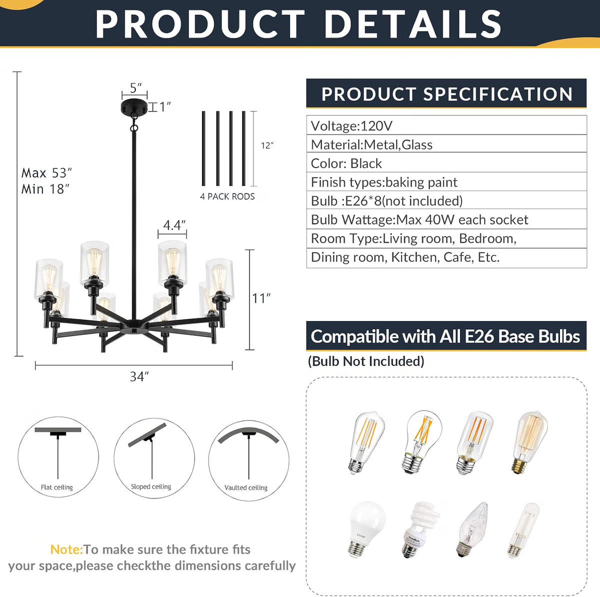 NEW LIGHTDAMY 8-Light Black Farmhouse Chandeliers Light 34'' Fixture for Dining Room