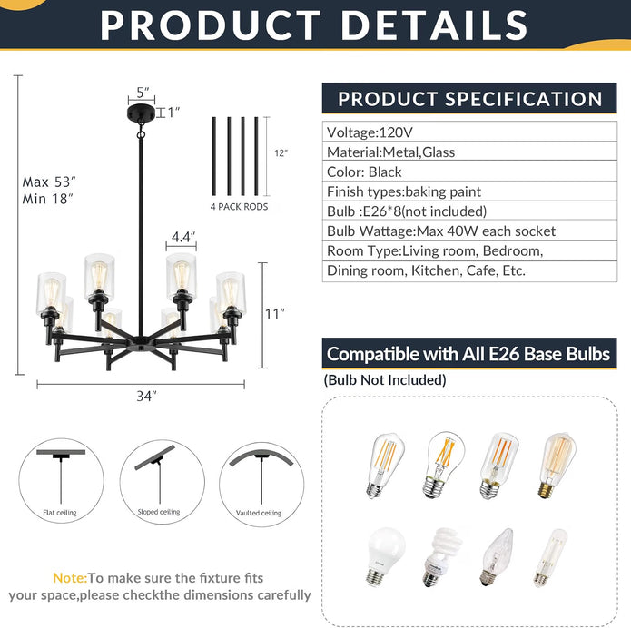 NEW LIGHTDAMY 8-Light Black Farmhouse Chandeliers Light 34'' Fixture for Dining Room