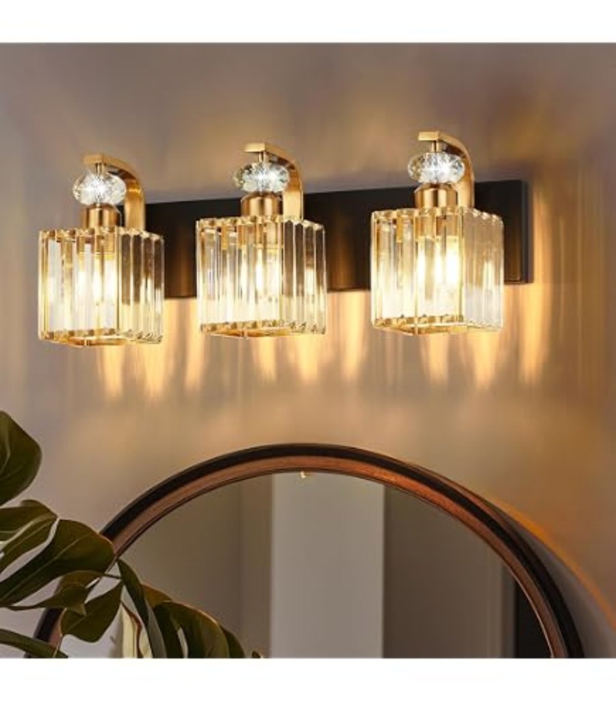 NEW Vikdio 3-Light Bathroom Vanity Light Fixtures Over Mirror, Crystal Sconce-GOLD/BLACK 25BL01-3