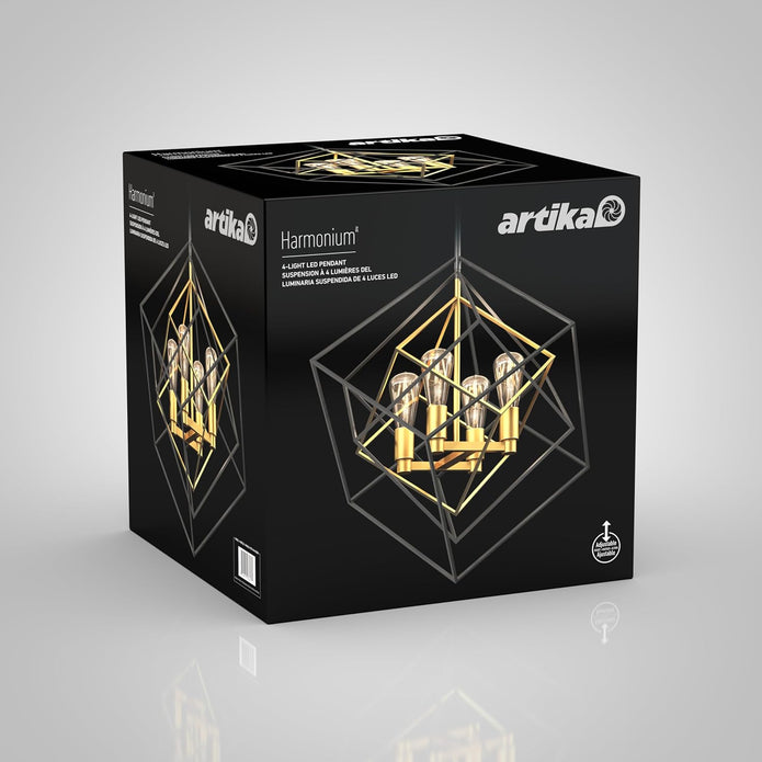 Demo/open box Artika Harmonium 4-Light Chandelier, Adjustable Black and Gold Geometric Pendant Light