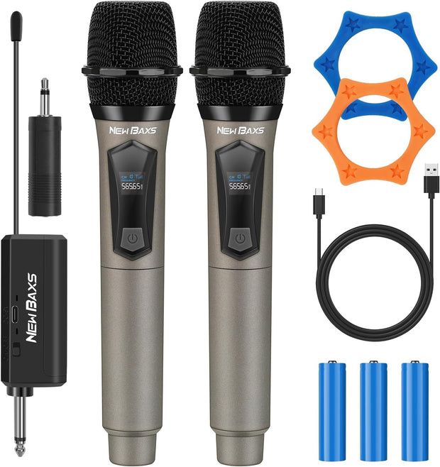 NEWBAXS Wireless Microphones,Dual Karaoke Microphone System Micro Matte Gray
