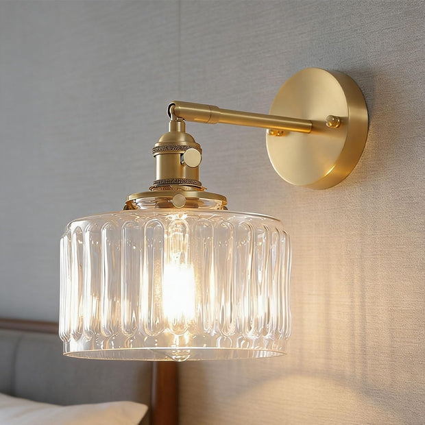 Qufute Glass wall Mount Light Clear Stripe Glass Shade Modern Sconces Swing arm Wall Lighting Brass