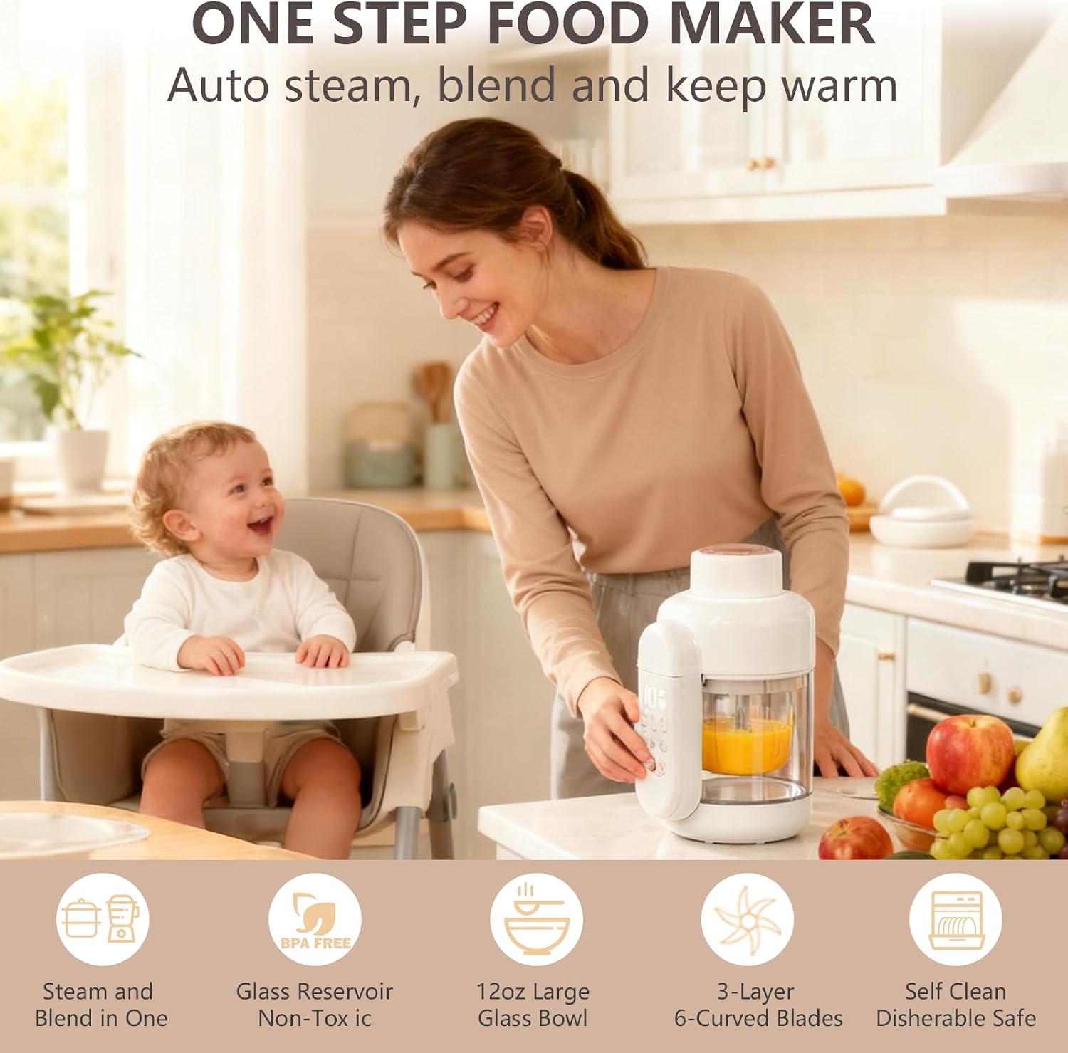 NEW DORFLY Baby Food Maker Glass 12oz Steamer and Blender Glass Reservoir
