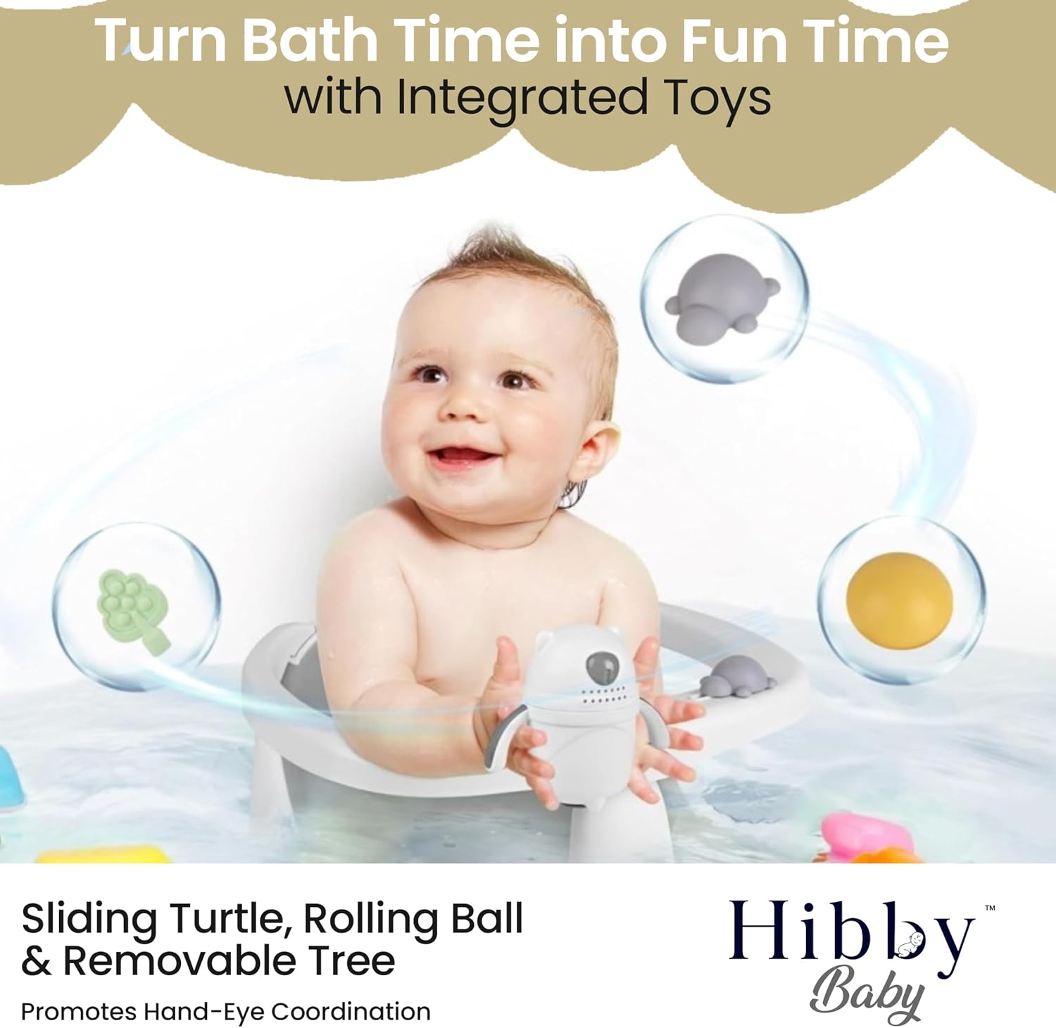 Hibby Baby Bath Seat Integrated Thermometer, Silicone Hair Brush, Rinse Cup, Bath Cap, Toys- Sit-up Safe Bathing- Gray