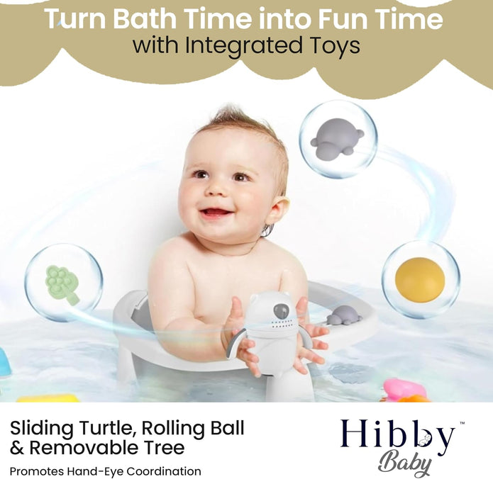 Hibby Baby Bath Seat Integrated Thermometer, Silicone Hair Brush, Rinse Cup, Bath Cap, Toys- Sit-up Safe Bathing- Gray
