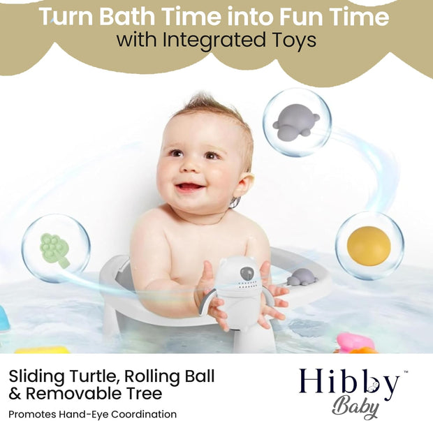 Hibby Baby Bath Seat Integrated Thermometer, Silicone Hair Brush, Rinse Cup, Bath Cap, Toys- Sit-up Safe Bathing- Gray
