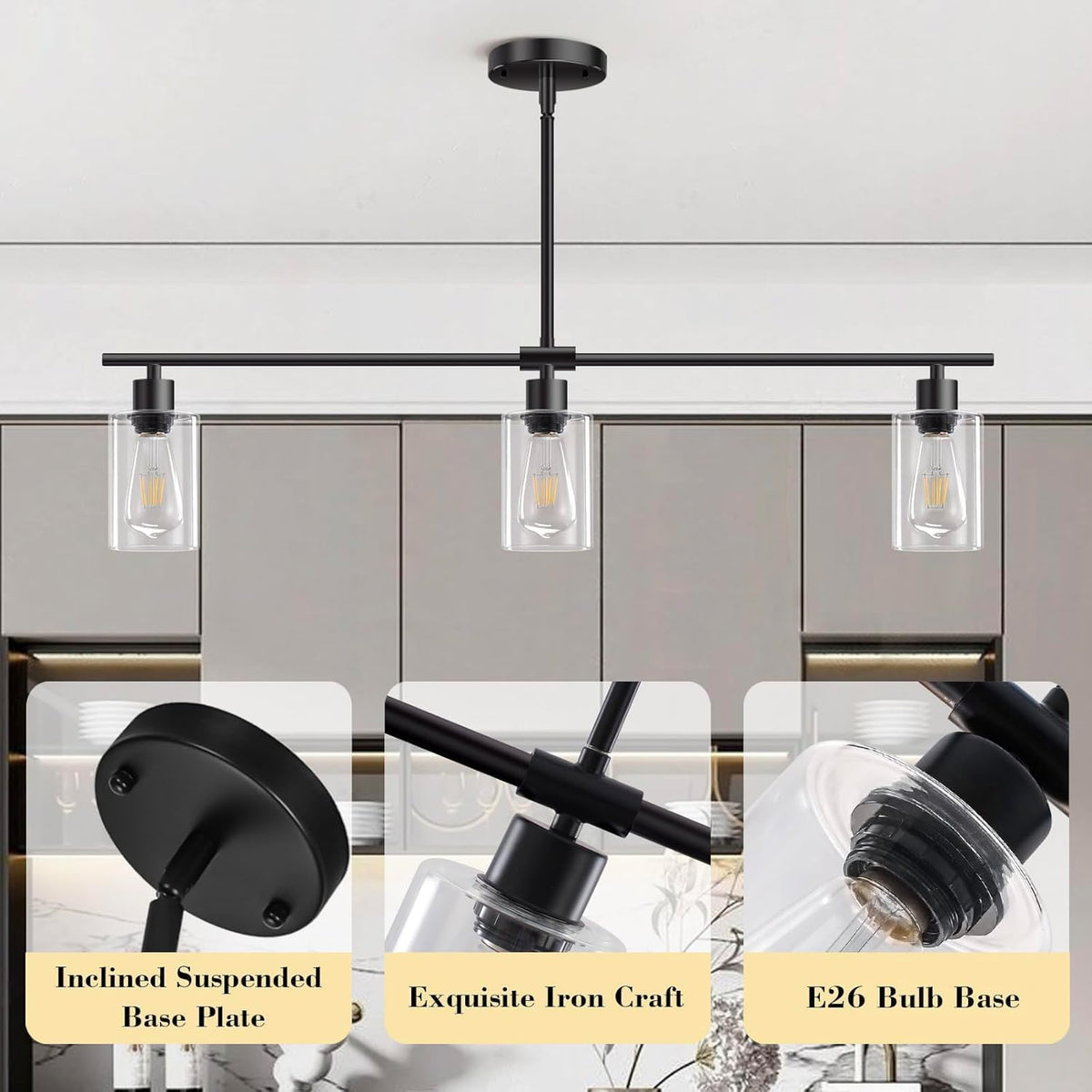 NEW/OPEN BOX Yarlkav 3-Lights Kitchen Island Lighting (Black & Gold)-D0068-3