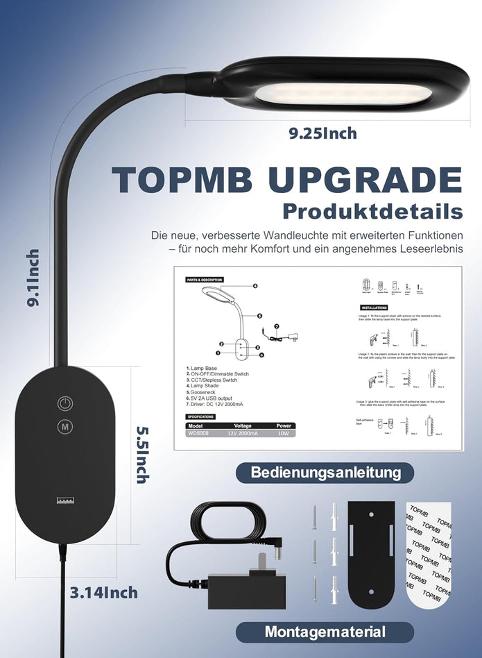 NEW TOPMB Wall Mounted Reading Bed Light, Wall Bed Lamp