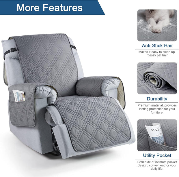 Recliner Chair Cover, Non Slip Recliner Covers for Recliner Chair with Pocket, Washable -Grey