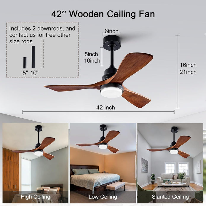 NEW/OPEN BOX 42 Inch Wood Ceiling Fan with Lights and Remote, 3 Blades Walnut Bedroom Ceiling Fan