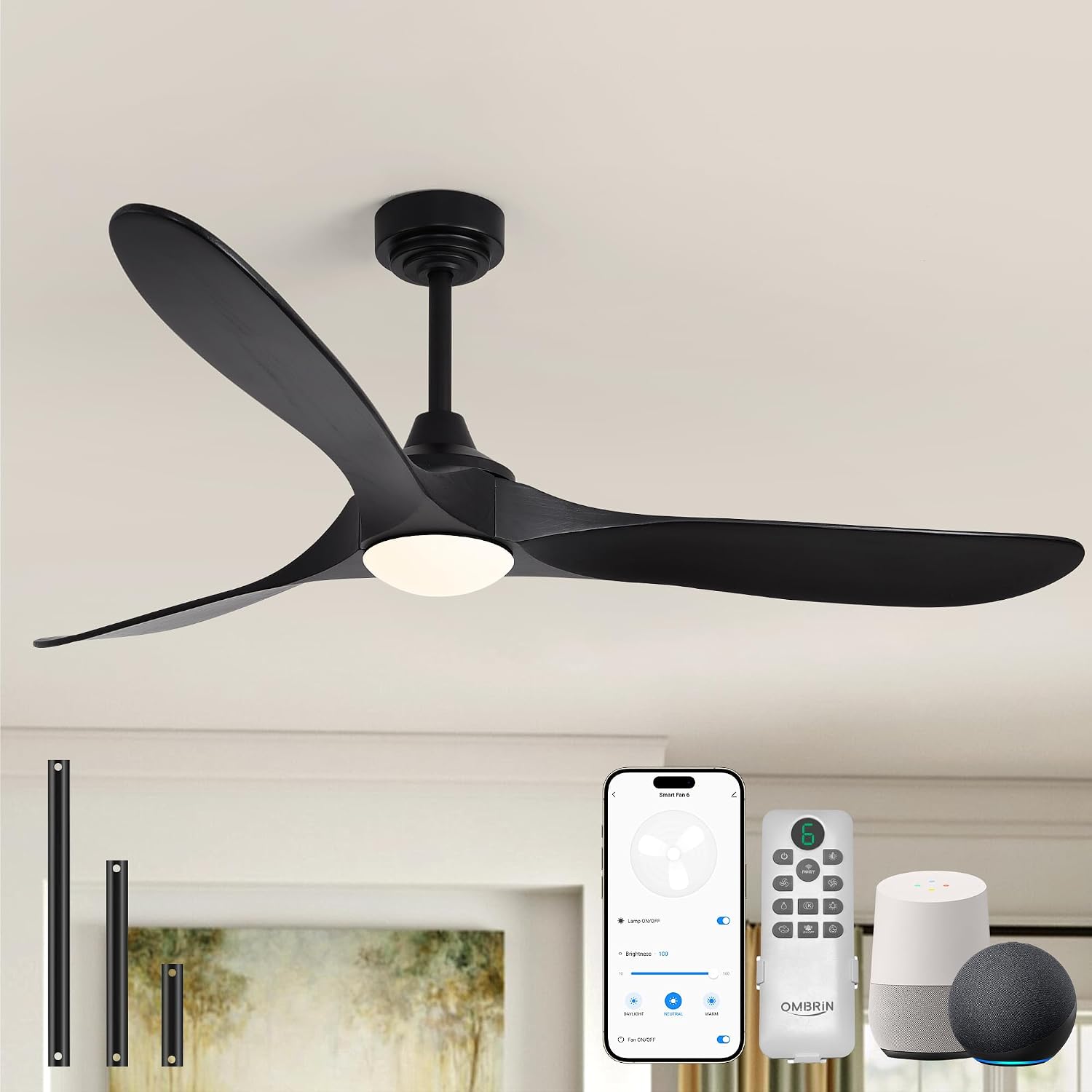 New Ombrin 52 inch Outdoor Ceiling Fans with Lights,Smart Wood Ceiling Fan -Black