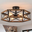 LIKE NEW 6-Light Large 20 inch  Rustic Farmhouse Wood Flush Mount Ceiling Light Fixture 20 inch Oak Wood and Metal Cage