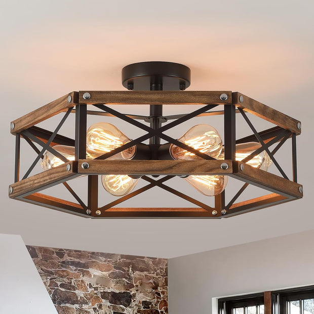 USED/LIKE NEW 6-Light Large 20 inch  Rustic Farmhouse Wood Flush Mount Ceiling Light Fixture 20 inch Oak Wood and Metal Cage