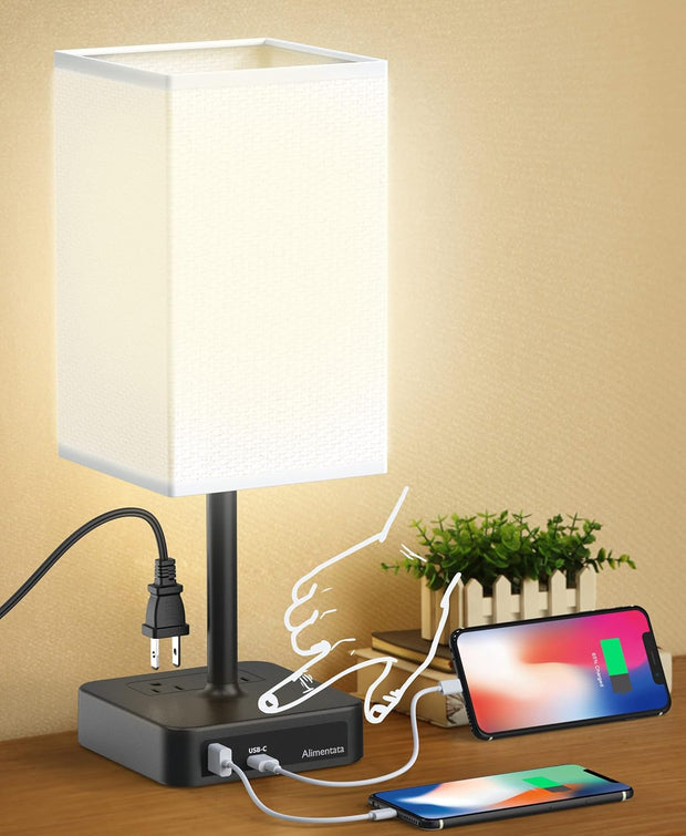 Alimentata Bedside Table Lamp with Touch Control USB C+A Charging Ports LED Desk Lamp
