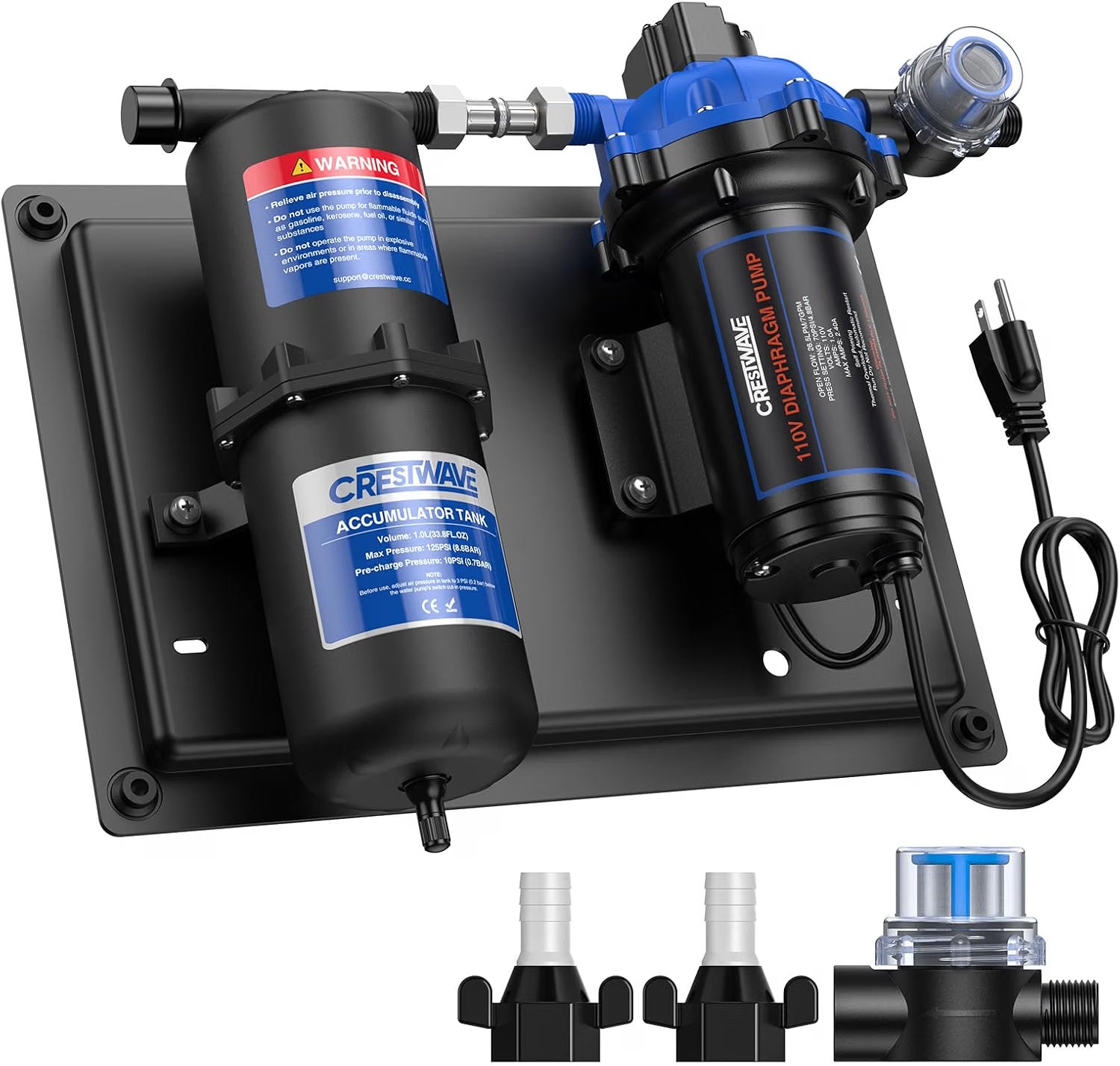 OPEN BOX CrestWave 110V RV Water Pump with 1L Accumulator Tank - 7 GPM, 70 PSI