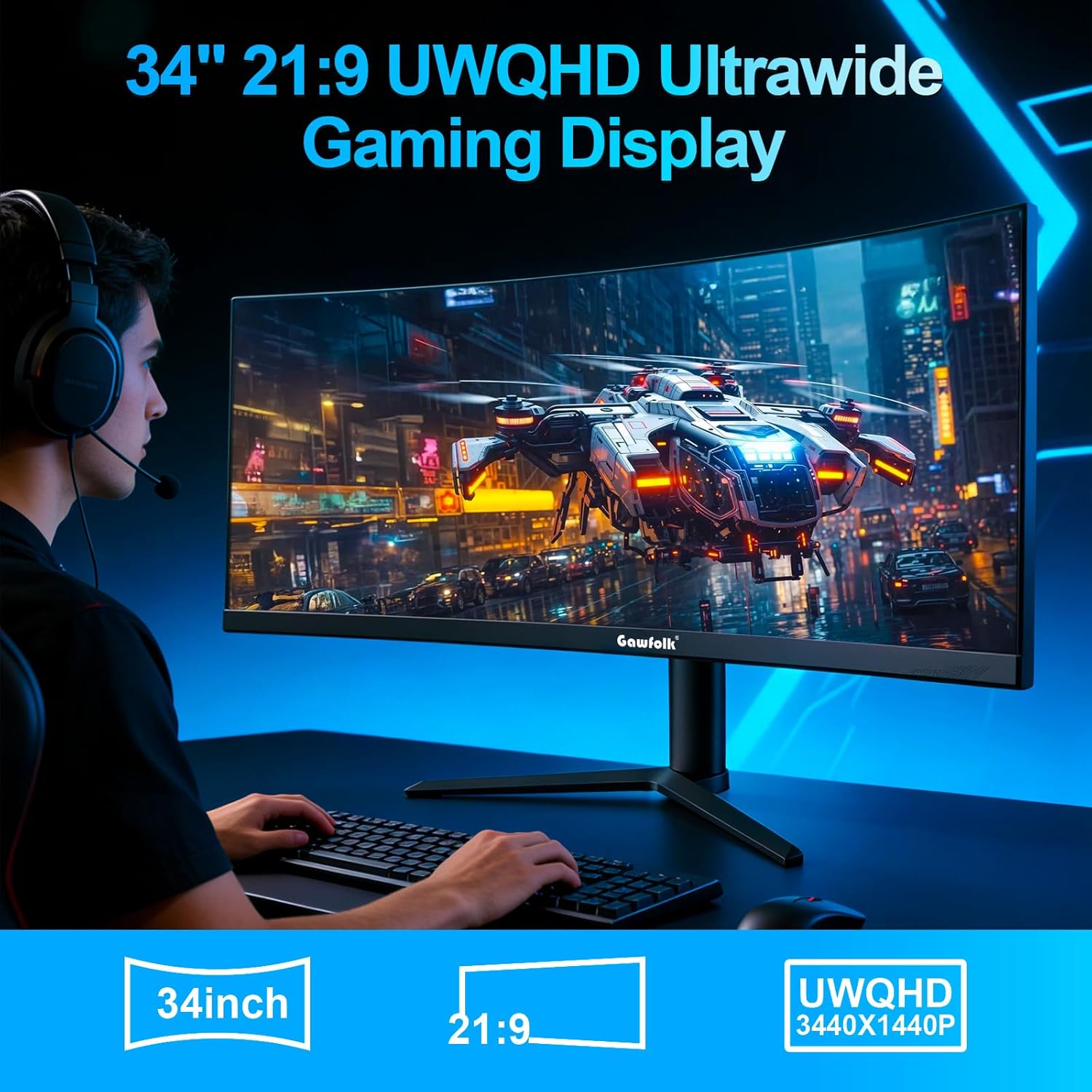 DEMO /OPEN BOX Gawfolk 34 inch ultrawide Curved Gaming Monitor GFTY987/3440x1440, 165hz
